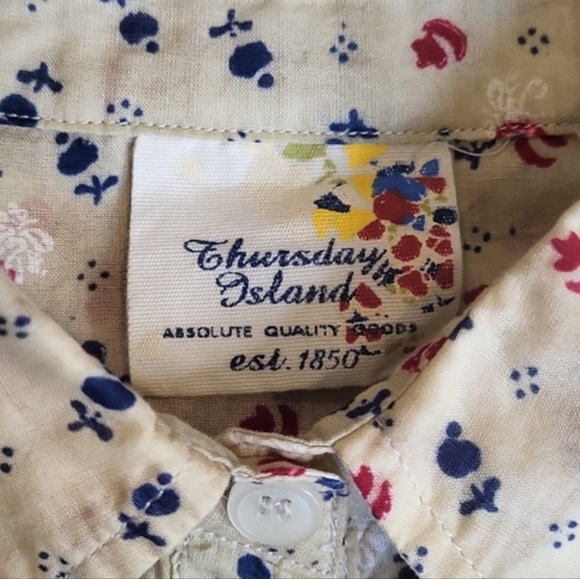 Thursday Island Creamy Tan Floral Cap Sleeve Ruffle Detail Button-up Shirt, XS - Picture 5 of 10